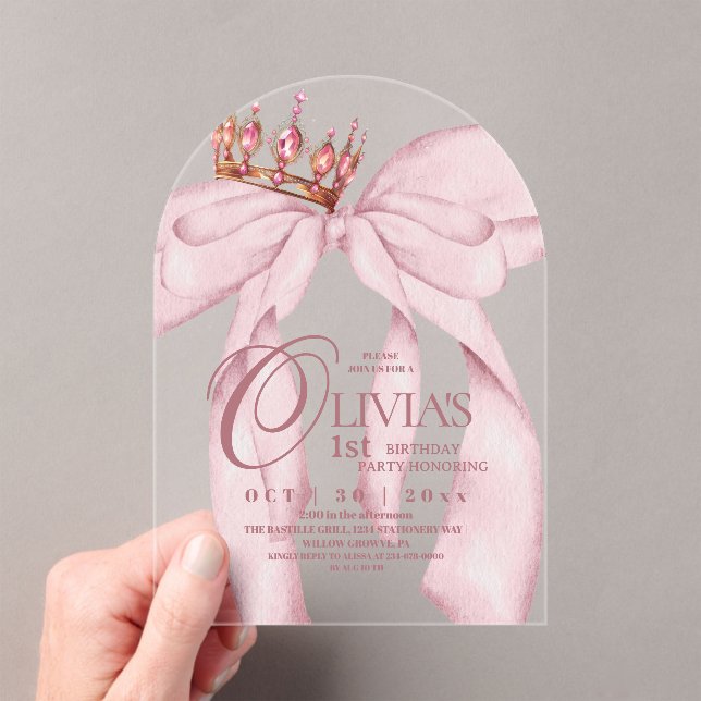 Invitaciones Acrílicas Modern Cute Dusty Pink Bow 1st Birthday  (Insitu (portátil))
