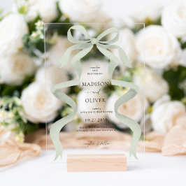 Invitaciones Acrílicas Modern Elegant Sage Green Bow Monogram Wedding