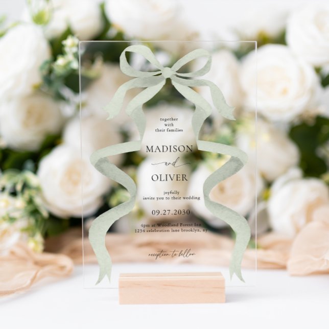 Invitaciones Acrílicas Modern Elegant Sage Green Bow Monogram Wedding (Subido por el creador)