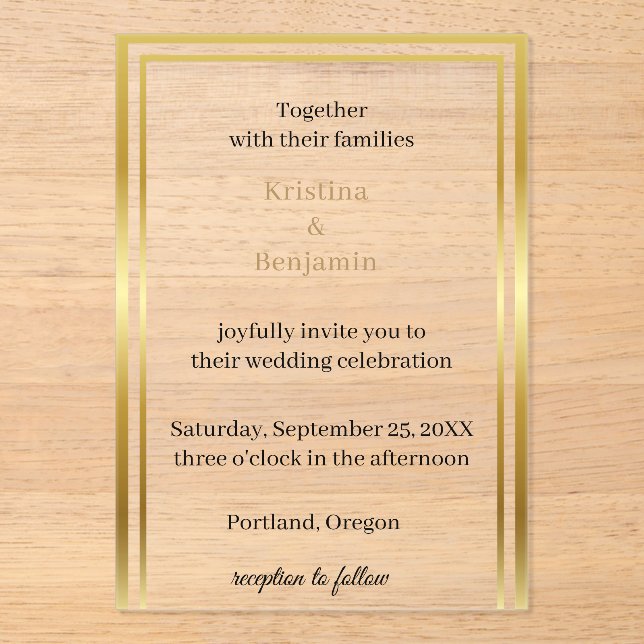 Invitaciones Acrílicas Modern Elegant Script  gold wedding  (Anverso)