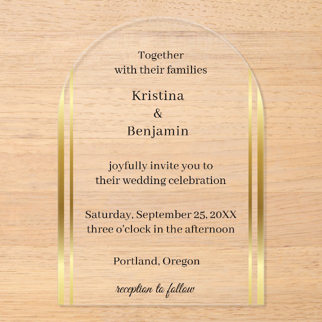 Invitaciones Acrílicas Modern Elegant Script  gold wedding  (Anverso)