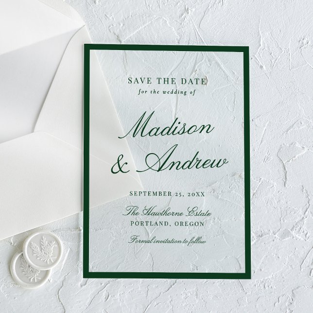 Invitaciones Acrílicas Modern Green Border Wedding Save the Date (Subido por el creador)