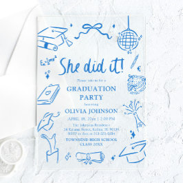 Invitaciones Acrílicas Modern Hand Drawn She did it Blue Graduation Party
