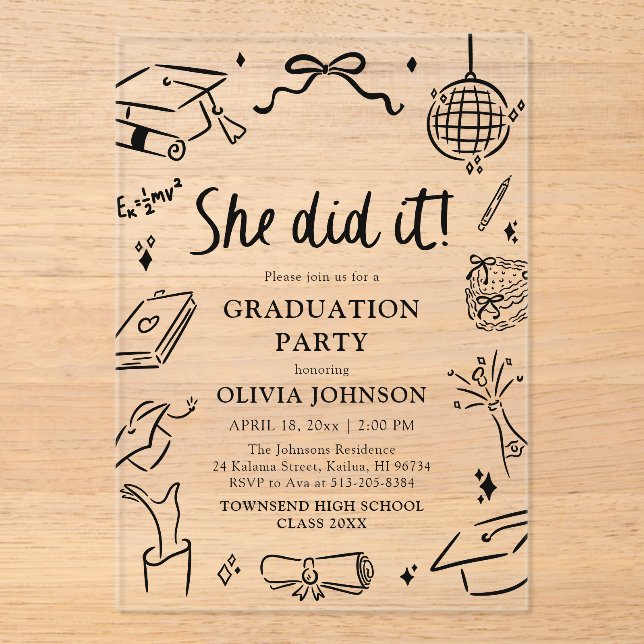 Invitaciones Acrílicas Modern Hand Drawn She did it Graduation Party (Anverso)