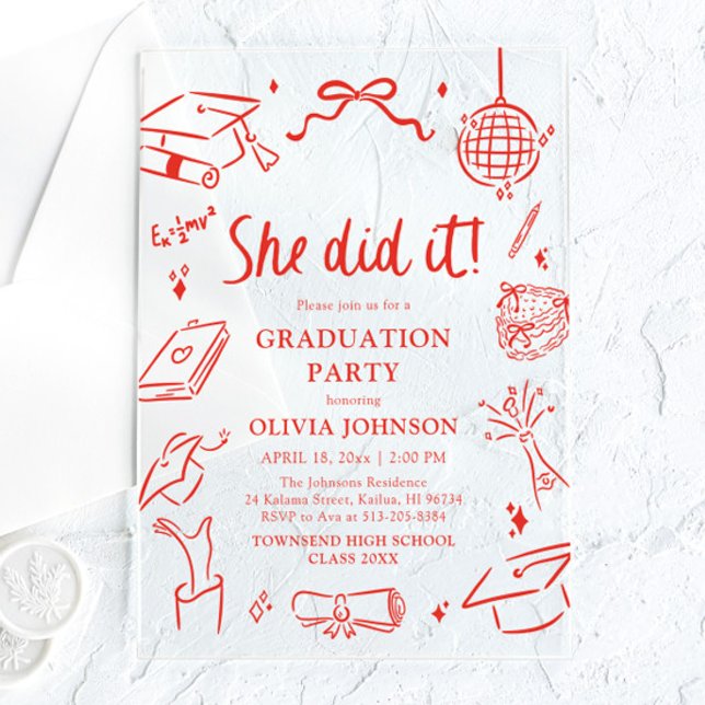 Invitaciones Acrílicas Modern Hand Drawn She did it Graduation Party (Modern Hand Drawn She did it Graduation Party Acrylic Invitations)