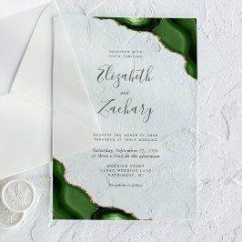Invitaciones Acrílicas Modern Hunter Green Gold Agate Corners Wedding