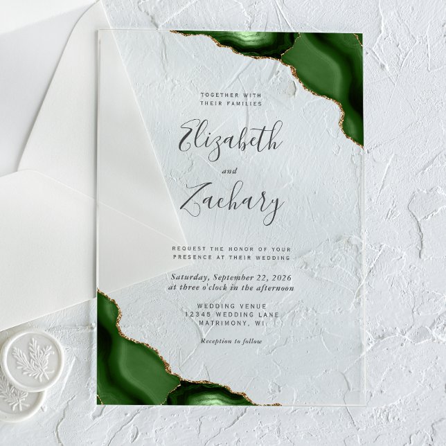 Invitaciones Acrílicas Modern Hunter Green Gold Agate Corners Wedding (Subido por el creador)