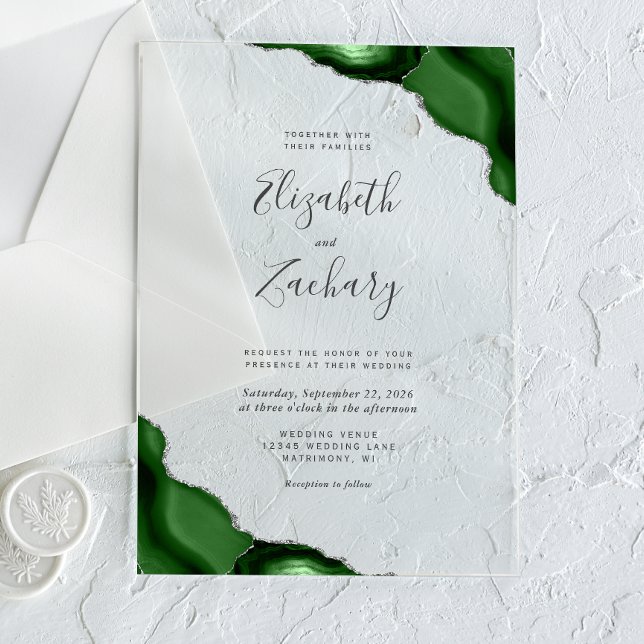 Invitaciones Acrílicas Modern Hunter Green Silver Agate Corners Wedding (Subido por el creador)