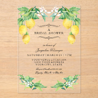 Invitaciones Acrílicas Modern Lemon Elegant Floral Blue Bridal Shower