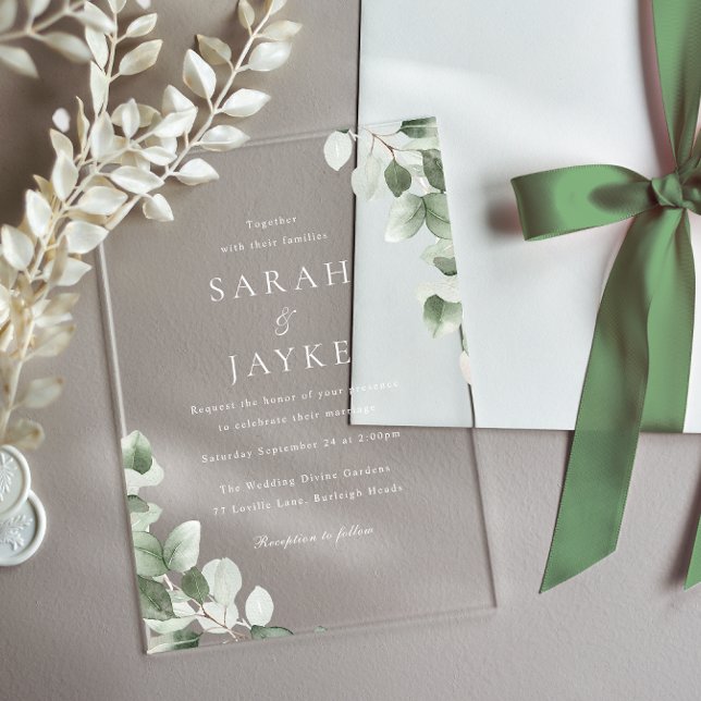 Invitaciones Acrílicas Modern Minimal Green Leaf White Wedding (Subido por el creador)