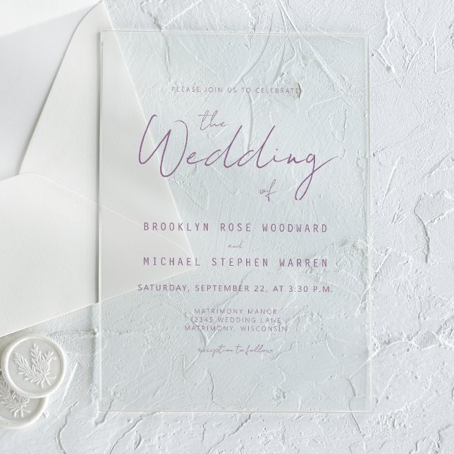 Invitaciones Acrílicas Modern Minimal Mauve Script Wedding (Subido por el creador)