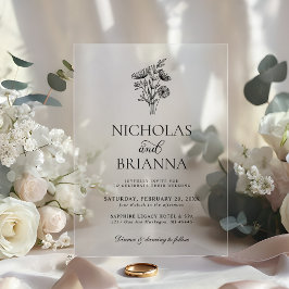 Invitaciones Acrílicas Modern Minimalist Black White Floral Wedding