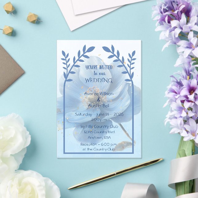 Invitaciones Acrílicas Modern Minimalist Gold and Blue Poppy (Insitu (Boda))