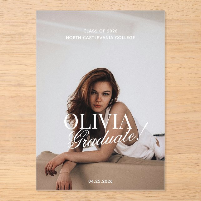 Invitaciones Acrílicas Modern Photo Typography Script Grad Announcement (Anverso)