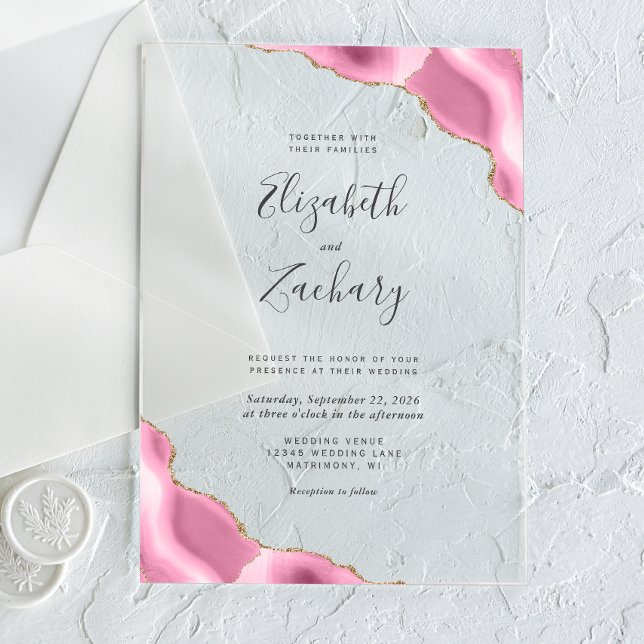 Invitaciones Acrílicas Modern Pink Gold Agate Corners Wedding (Subido por el creador)