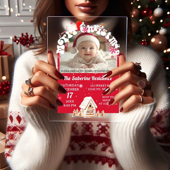 Invitaciones Acrílicas Modern Red Curved Graffiti Merry Christmas Photos  (Subido por el creador)