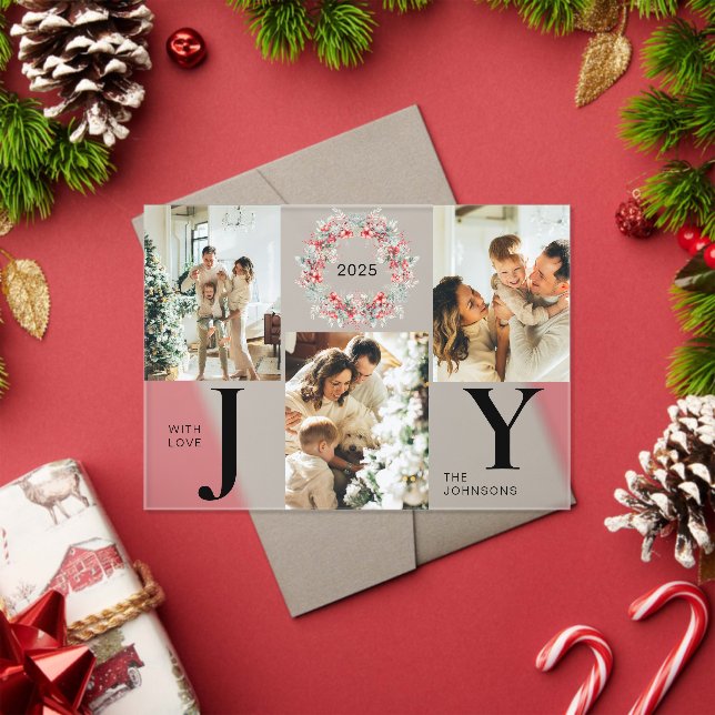 Invitaciones Acrílicas Modern Red Holly Berries Photo Joy Christmas Card (Insitu (Vacaciones))