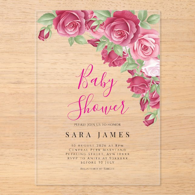 Invitaciones Acrílicas Modern Rose Garden Acrylic Baby Shower Invitation (Anverso)