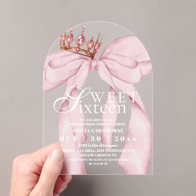 Invitaciones Acrílicas Modern Rose Gold Blush Pink Bow Sweet 16 Birthday  (Insitu (portátil))