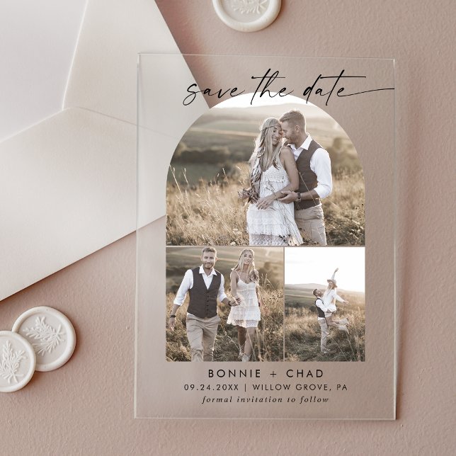 Invitaciones Acrílicas Modern Script 3 Foto Arco Boda Guardar Fecha (Modern Script 3 Photo Arch Wedding Save The Date Acrylic Invitations)