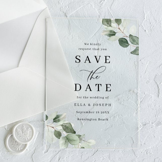 Invitaciones Acrílicas Modern Script Green Leaf Wedding Save The Date (Subido por el creador)