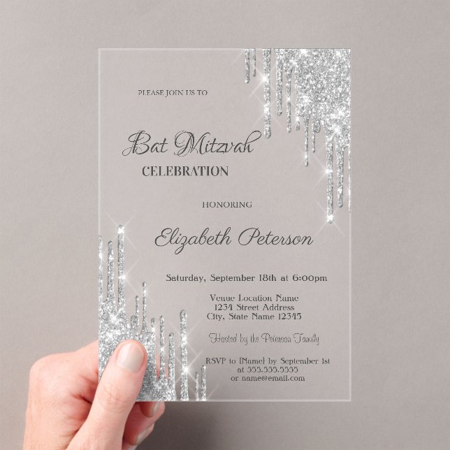 Invitaciones Acrílicas Modern Silver Glitter Drips Rose Gold Bar Mitzvah (Insitu (portátil))