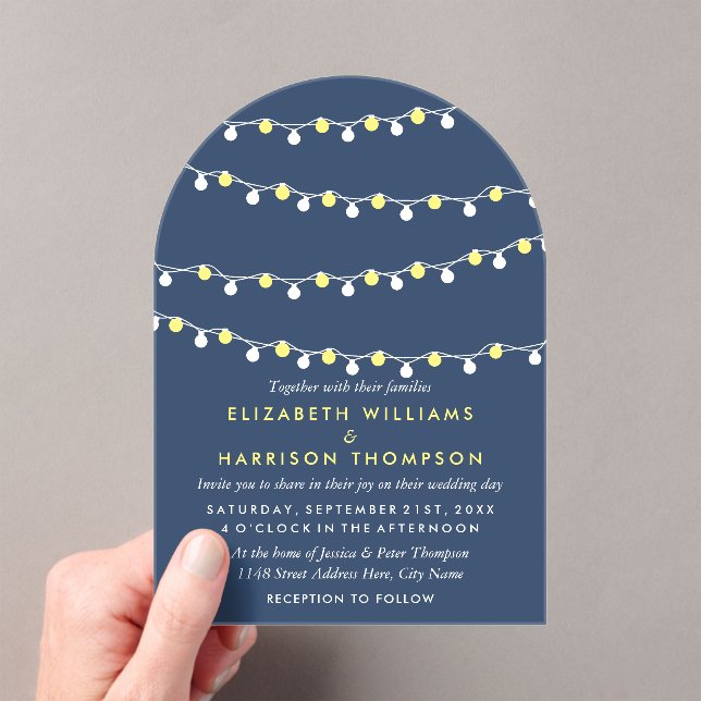 Invitaciones Acrílicas Modern String Lights, Yellow & White Wedding (Insitu (portátil))