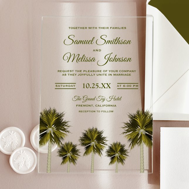Invitaciones Acrílicas Modern Tropical Palm Tree Beach Wedding (Subido por el creador)