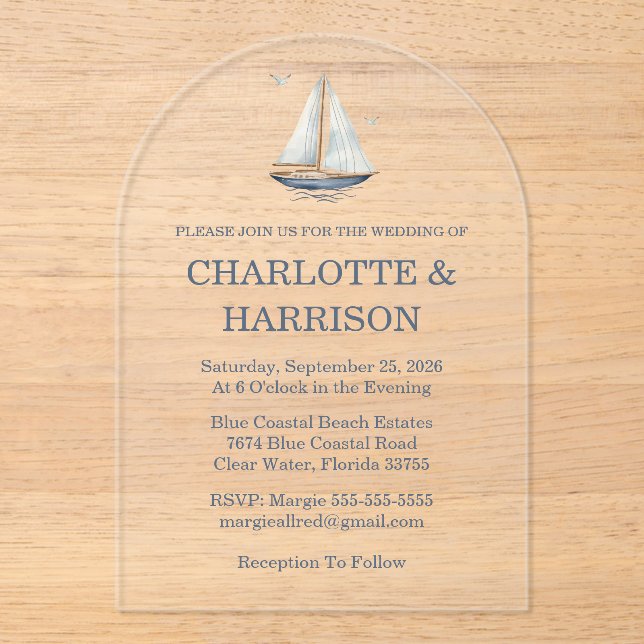 Invitaciones Acrílicas Modern Watercolor Coastal Seascape Wedding (Anverso)