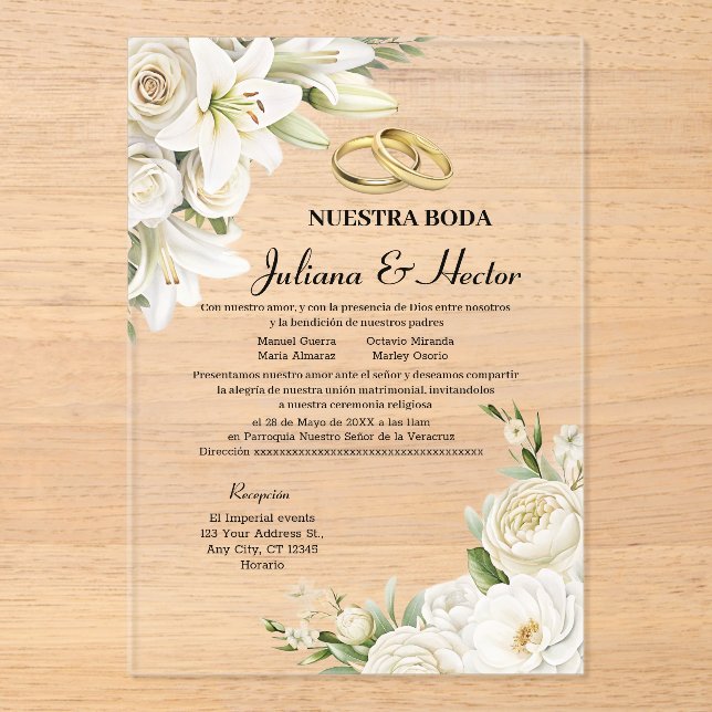 Invitaciones Acrílicas Modern Watercolor White Gold Floral Wedding  (Anverso)
