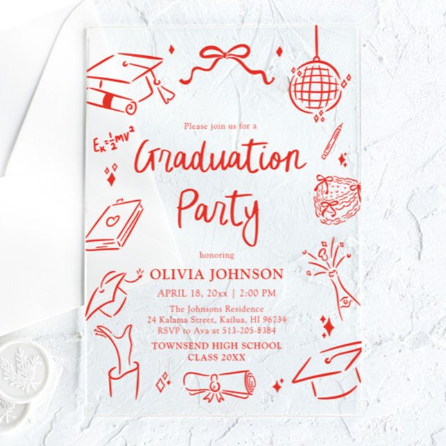 Invitaciones Acrílicas Modern Whimsical Hand Drawn Bow Graduation Party (Modern Whimsical Hand Drawn Bow Graduation Party Acrylic Invitations)