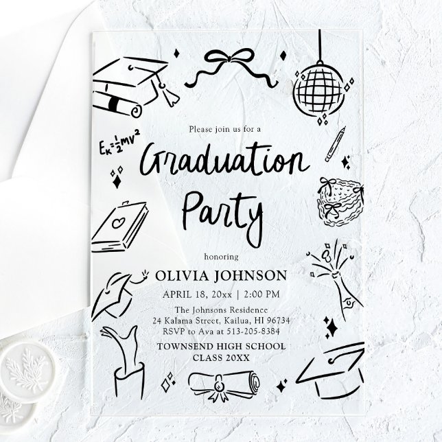 Invitaciones Acrílicas Modern Whimsical Hand Drawn Bow Graduation Party (Modern Whimsical Hand Drawn Bow Graduation Party Acrylic Invitations)