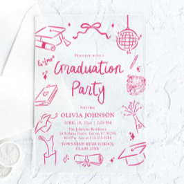 Invitaciones Acrílicas Modern Whimsical Hand Drawn Pink Graduation Party
