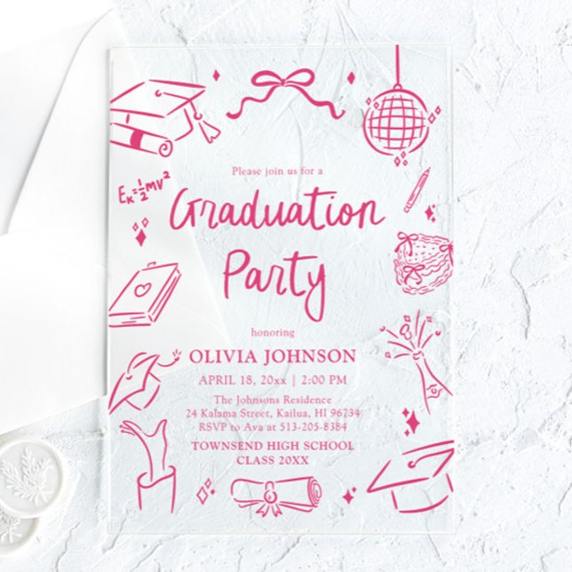 Invitaciones Acrílicas Modern Whimsical Hand Drawn Pink Graduation Party (Modern Whimsical Hand Drawn Pink Graduation Party Acrylic Invitations)