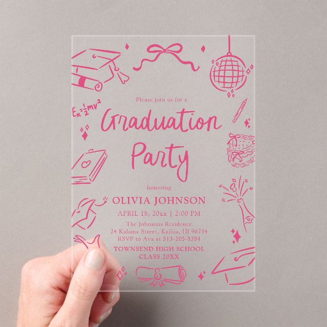 Invitaciones Acrílicas Modern Whimsical Hand Drawn Pink Graduation Party (Insitu (portátil))
