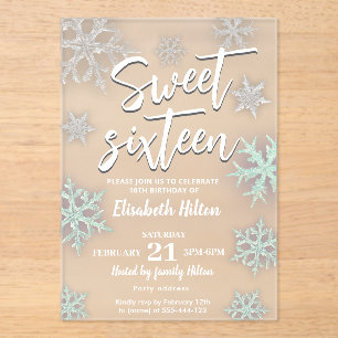 Invitaciones Acrílicas Modern Winter wonderland copos de nieve dulce 16
