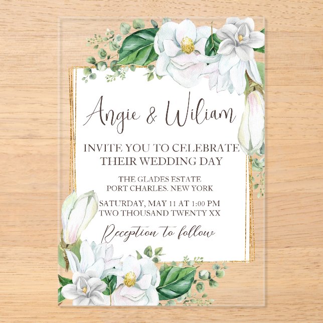 Invitaciones Acrílicas Moderna acuarela Magnolia Boda (Anverso)