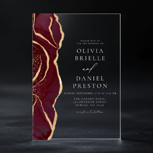 Invitaciones Acrílicas Moderna Boda de Oro Borgoña Agate Elegante