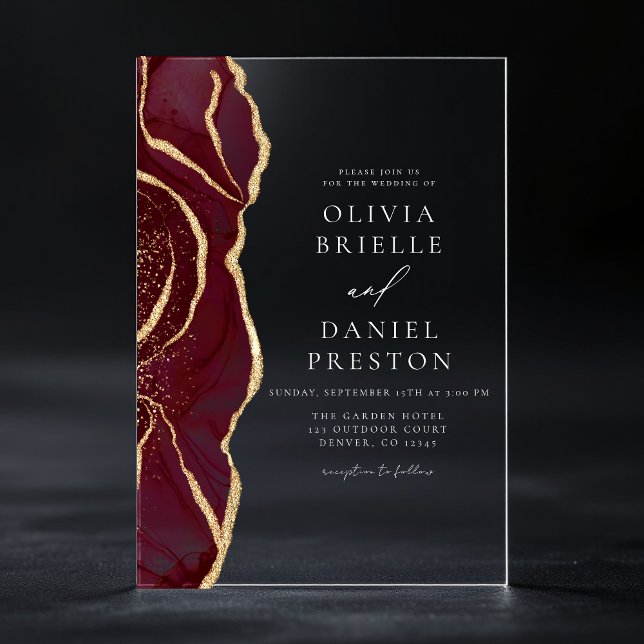 Invitaciones Acrílicas Moderna Boda de Oro Borgoña Agate Elegante (Subido por el creador)