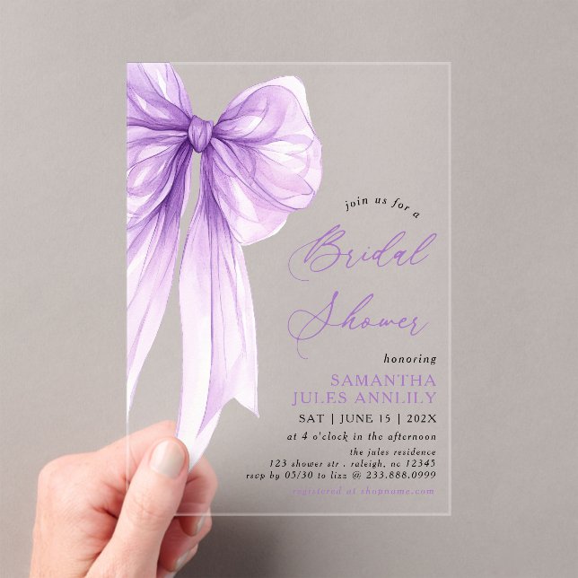 Invitaciones Acrílicas Moderna Coquette Purple Bow Bridal Shower (Insitu (portátil))