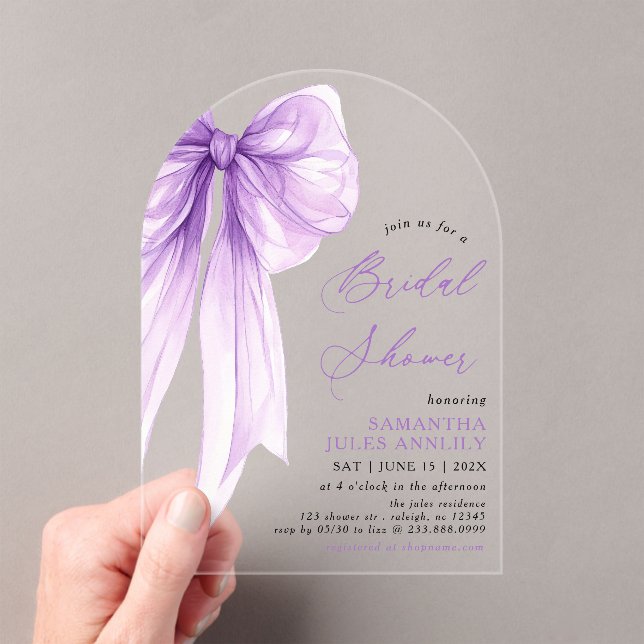 Invitaciones Acrílicas Moderna Coquette Purple Bow Bridal Shower (Insitu (portátil))