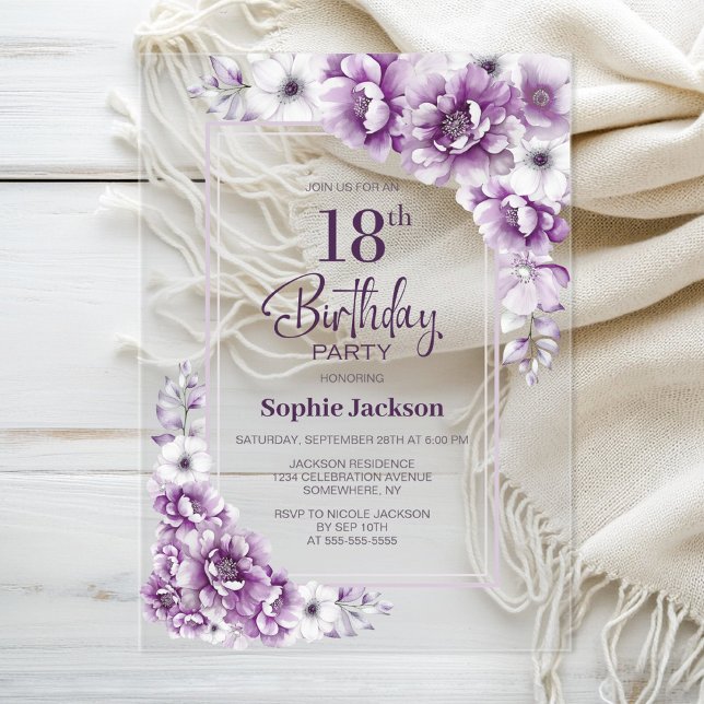 Invitaciones Acrílicas Moderna fiesta de cumpleaños 18 de Floral Rosa (Subido por el creador)
