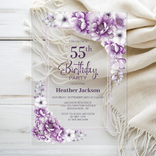 Invitaciones Acrílicas Moderna fiesta de cumpleaños 55 de Floral Rosa