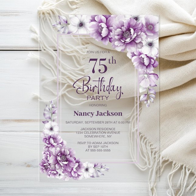 Invitaciones Acrílicas Moderna fiesta de cumpleaños 75 de Floral Rosa (Subido por el creador)