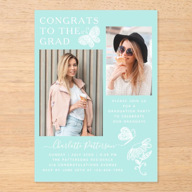 Invitaciones Acrílicas Moderna fiesta de graduación de fotos de mariposa  (Anverso)