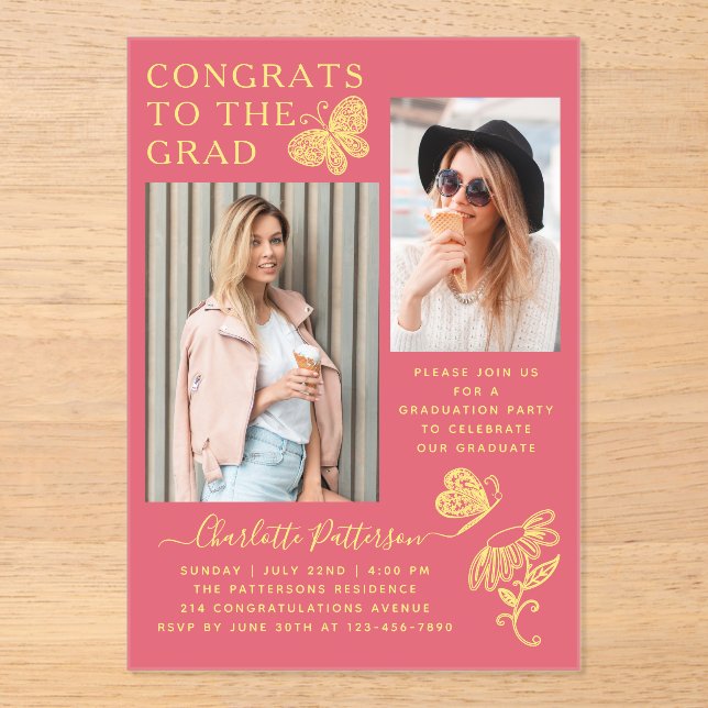 Invitaciones Acrílicas Moderna fiesta de graduación de fotos de mariposa  (Anverso)