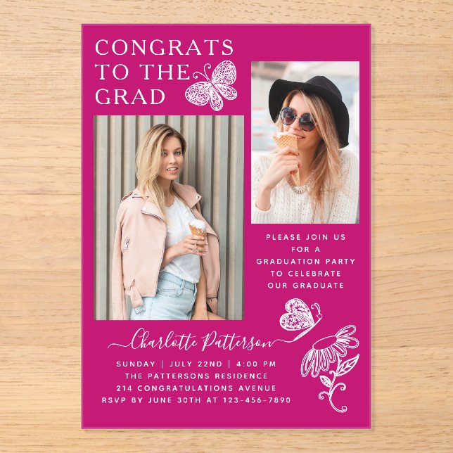 Invitaciones Acrílicas Moderna fiesta de graduación de fotos de mariposa  (Anverso)