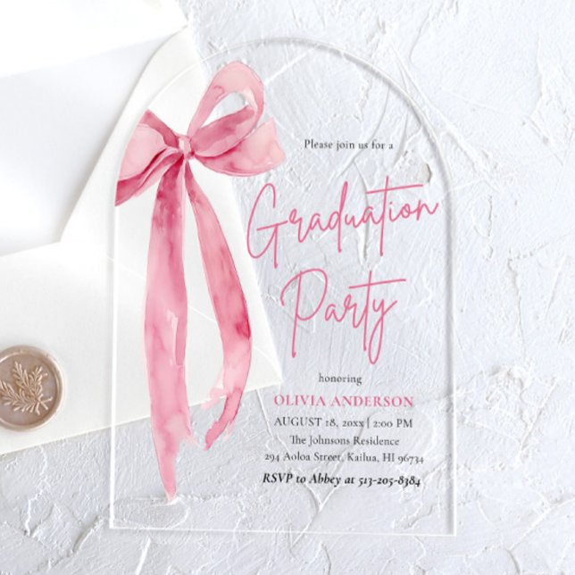 Invitaciones Acrílicas Moderna fiesta de graduación de Rubor rosado en ar (Modern Blush Pink Bow Graduation Party Arched Acrylic Invitations)