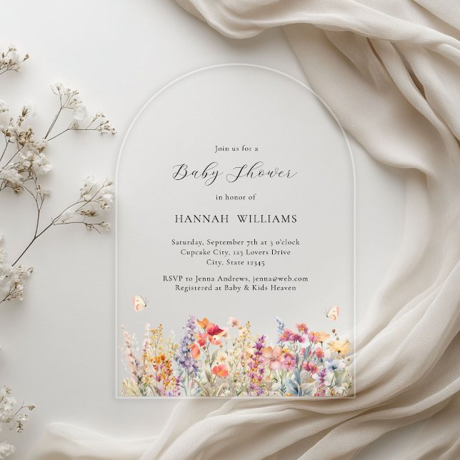 Invitaciones Acrílicas Moderna, flor silvestre, Baby Shower (Modern, Wildflower, Butterfly, Baby Shower Acrylic Invitations)