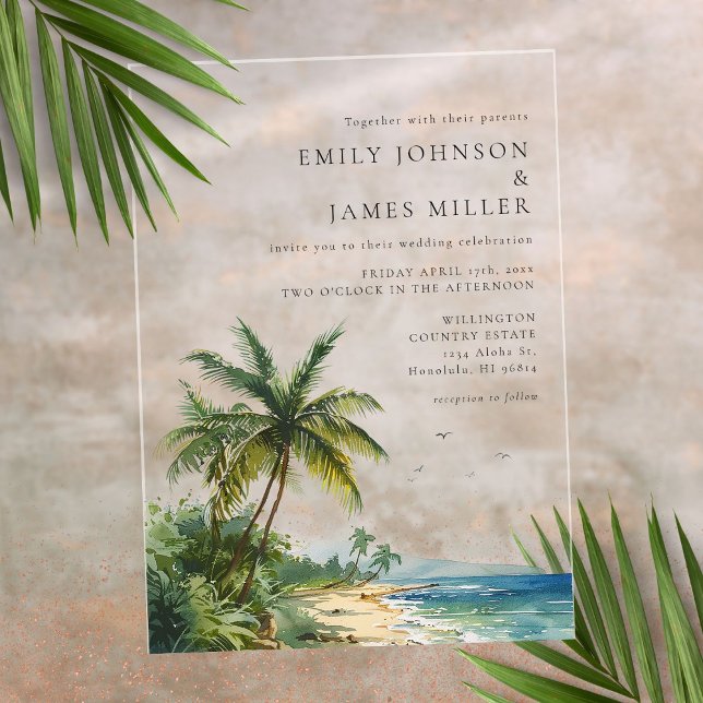 Invitaciones Acrílicas Moderna y elegante acuarela Tropical Beach Wedding (Modern Elegant Watercolor Tropical Beach Wedding Acrylic Invitations)